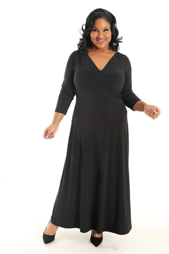 Vikki Vi Jersey Black Faux Wrap Maxi Dress | PlusbyDesign.com